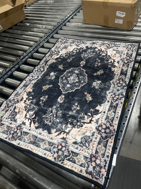 Photo 2 of MUJOO Black Rug 2'x3',Small Washable Area Rugs for Entryway Kitchen Bathroom Bedroom,Boho Vintage Bohemian Distressed Farmhouse Non Slip Carpet, Floral