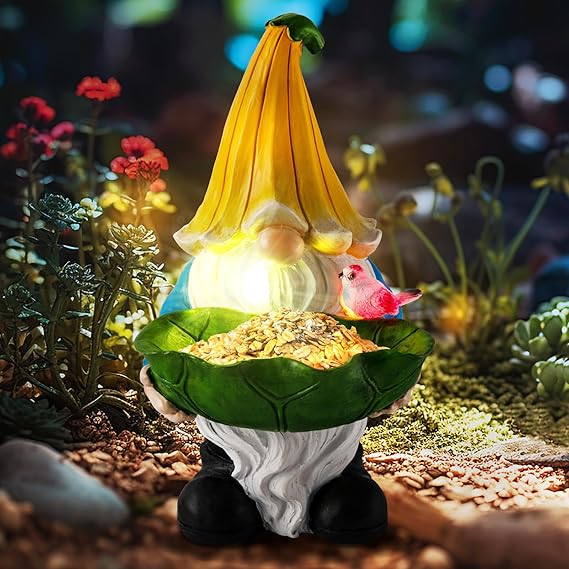 Photo 1 of BHOOO Garden Gnome Bird Bath for Outdoor Decor: Gnome Figurine with Leaf Bird Feeder and Solar LED Light Waterproof Garden Sculpture for Yard Garden Lawn Outdoor Decorations
