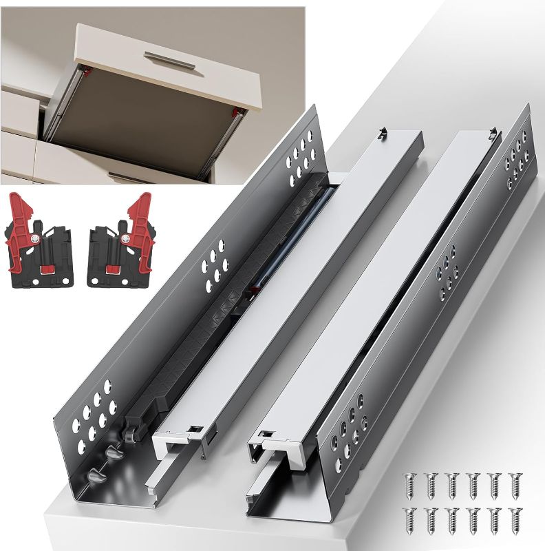 Photo 1 of 10 12 14 16 18 20 22 24 Inch Bottom Mount Soft Close Drawer Slides Full Extension Concealed Rails Track 100 lb Load Capacity 1 Pair (Soft Close No Rear Bracket, 12 Inch)
