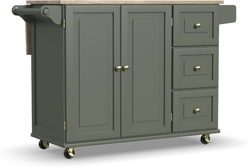 Photo 1 of Homestyles Mobile Kitchen Island Cart with Wood Top and Dropleaf Breakfast Bar, 18" D x 53.5" W x 36" H, Green
