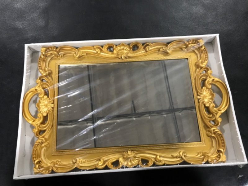 Photo 2 of Sooyee Decorative Tray,Bathroom Tray Vanity Tray Decor, 15.3x9.8 Gold Tray Mirror Tray for Dessert Table,Coffee Table,Vanity,Home Decor,Serving Tray with Handle