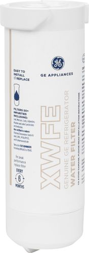 Photo 1 of  GE water filter XWFE has NSF certifications 42 53 and 401; it reduces lead and other metals; chlorine taste and odor; volatile organic compounds (VOCs); and some pesticides and pharmaceuticals. Water filter XWFE fits select GE side-by-side and bottom-fre