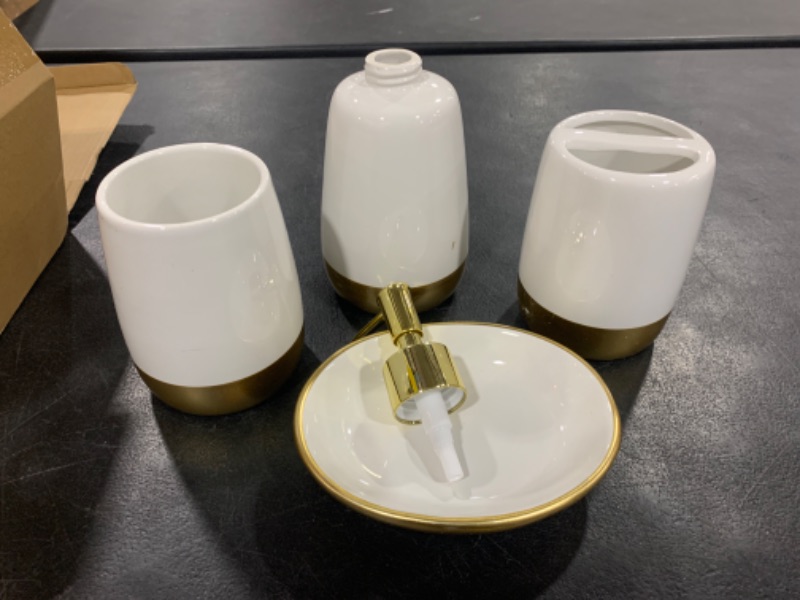 Photo 2 of Elegant White with Gold Bathroom accesory Set 4pc,Toothbrush Holder soap Dispenser soap Dish Tumbler Cup for Bathroom Decor Morden Style (White 2)