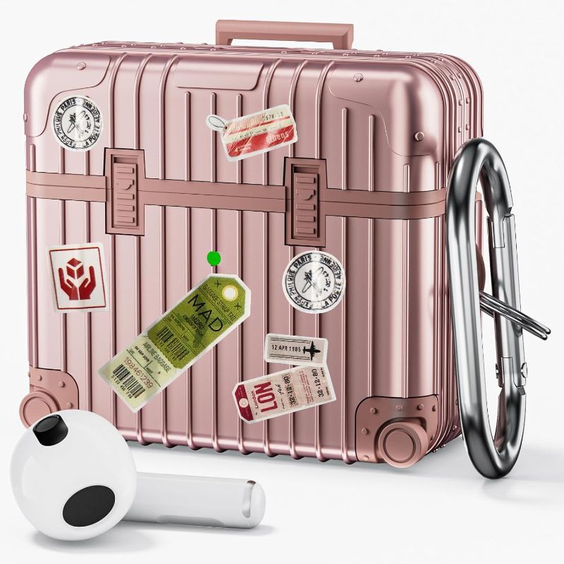 Photo 2 of Airpods 3 Case Cover, QINGQING Funny Suitcase Airpods 3rd Generation Cases Cover for for iPod 3 Earbuds, Cute Fashion Protective Hard Case for Apple Airpod Gen 3 (Rose Gold)