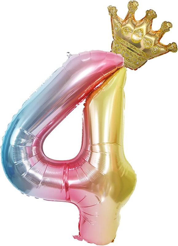 Photo 1 of Falliny 40 Inch Rainbow Number 4 Balloons with Detachable Crown Foil Helium Digital Colorful Party Birthday Decorations for Birthday Party,Wedding, Bridal Shower Engagement Photo Shoot, Anniversary