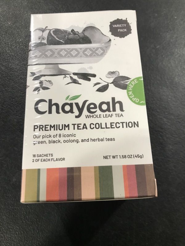 Photo 2 of CHAYEAH, Premium Tea Collection (16 Pyramid Tea Sachets, 8 Assorted Flavors), Green, Black, Oolong, Pu’erh & Herbal Tea Sampler Variety Pack, Caffeinated and Non-Caffeinated, Whole Leaf Tea Bag ( BB 07 / 31 /2025 )  