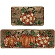 Photo 1 of Artoid Mode Wood Dot Pumpkin Leaves Fall Kitchen Mats Set of 2, Autumn Home Decor Low-Profile Kitchen Rugs for Floor - 17x29 and 17x47 Inch
