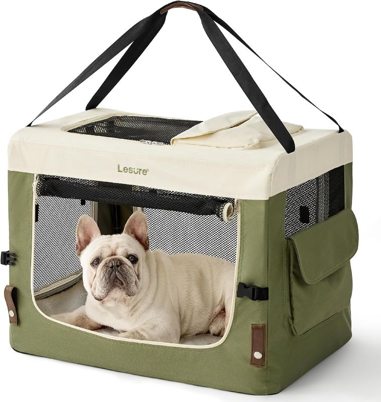 Photo 1 of Lesure Collapsible Travel Dog Crate for Small Dogs, Portable Soft Dog Crate for Outdoor & Indoor, Folding Fabric Dog Kennel with Handle, 24 Inch Heavy Duty Pet Carrier (Green)