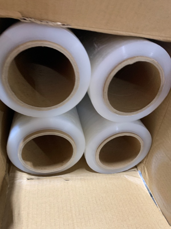 Photo 2 of ACYPAPER, 18" Stretch Film/Wrap 1500 feet 80 Gauge Industrial Strength, up to 800% Stretch 20 Microns Clear Cling Durable Adhering Packing Moving Packaging Heavy Duty Shrink Film (4 Rolls/Box)