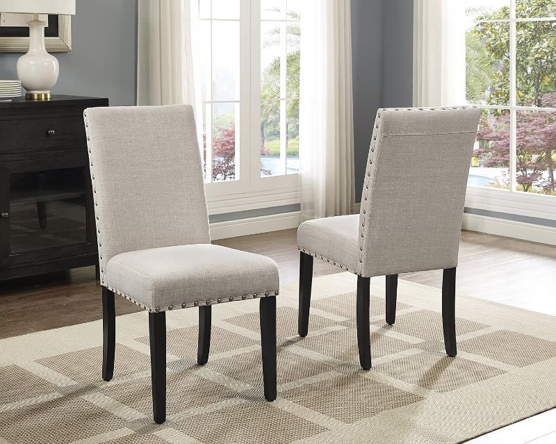 Photo 1 of Roundhill Furniture Biony Tan Fabric Dining Chairs with Nailhead Trim, Set of 2, Brown, Tan
