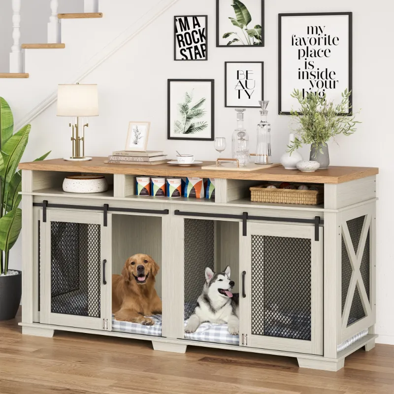 Photo 1 of Dog Crate Furniture, 71 Inch Wood Dog Kennel, Dog Crate End Table with Double Doors, Divider, TV Cansole Table, Indoor Dog Cage for Large Dog or 2 Medium Dogs, 71" L x 23.6" W x 36" H
