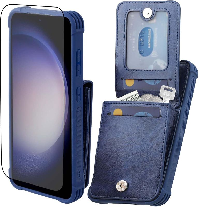 Photo 1 of VANAVAGY Wallet Case Compatible for Galaxy S24 5G for Women and Men,Leather Magnetic Clasp Flip Folio Phone Cover with Credit Card Holder and Coin Pocket,Navy Blue