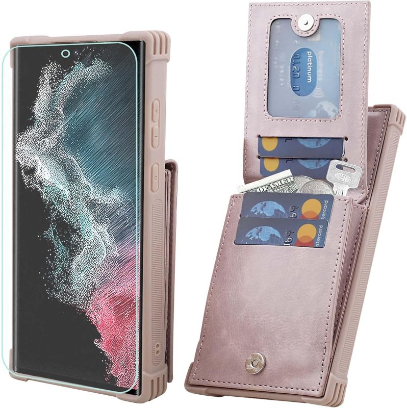 Photo 1 of VANAVAGY Compatible for Galaxy S23 Ultra Wallet Case for Women and Men,RFID Flip Leather Cover with Wrist Supports Wireless Charging with Card Holder and Glass Screen Protector,Salmon Pink