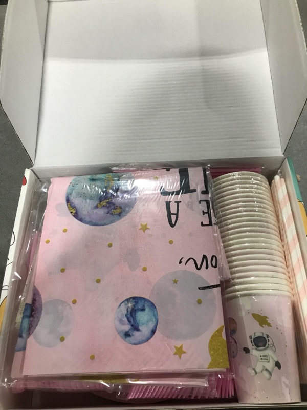 Photo 2 of HIPVVILD Outer Space 1st Birthday Decorations Girls - Space First Birthday Party Supplies, Plate, Cup, Napkin, Tablecloth, Cutlery, Houston We Have a One-Year-Old Birthday Party Tableware | Serve 24