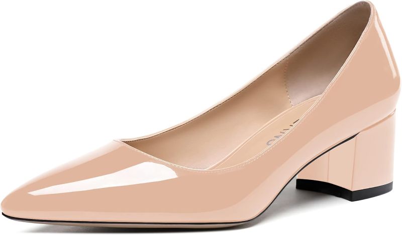 Photo 1 of WAYDERNS Women's Beige Low Heel 2 Inch Chunky Solid Patent Slip On Pointed Toe Pumps Shoes Size 8 - Tacones de Mujer Altos
