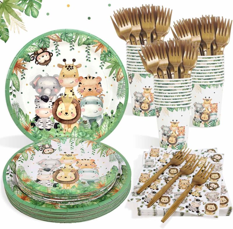 Photo 1 of 142Pcs Safari Jungle Birthday Decorations for Boy Safari Animal Theme Tableware Sage Green Baby Shower Party Supplies Disposable Plates,Napkins,Banner,Tablecloth,Cups,Forks and Knives