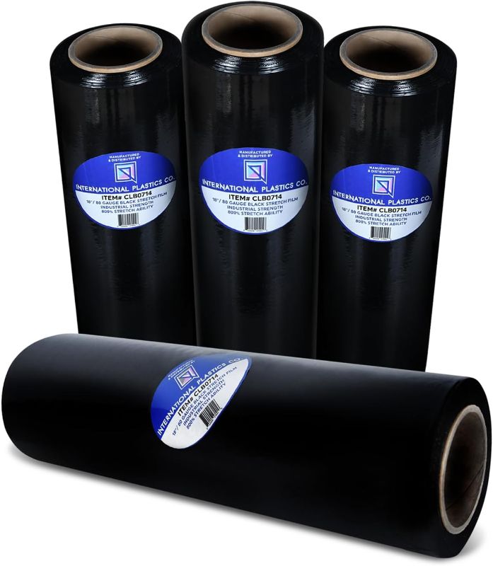 Photo 1 of 18" Stretch Film/Wrap 1500 feet 7 Layers 80 Gauge Industrial Strength 800% Stretch 20 Microns Clear Durable Adhering Packing Moving Heavy Duty Shrink Film (4 Pack, Black)
