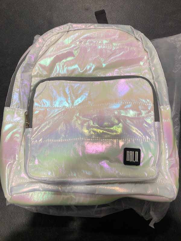 Photo 2 of GBLQ PLUS Backpack Purse for Women, Holographic Quilted Puffer, Metallic Backpack for Work Travel, Iridescent Bookbag (Pearl White)