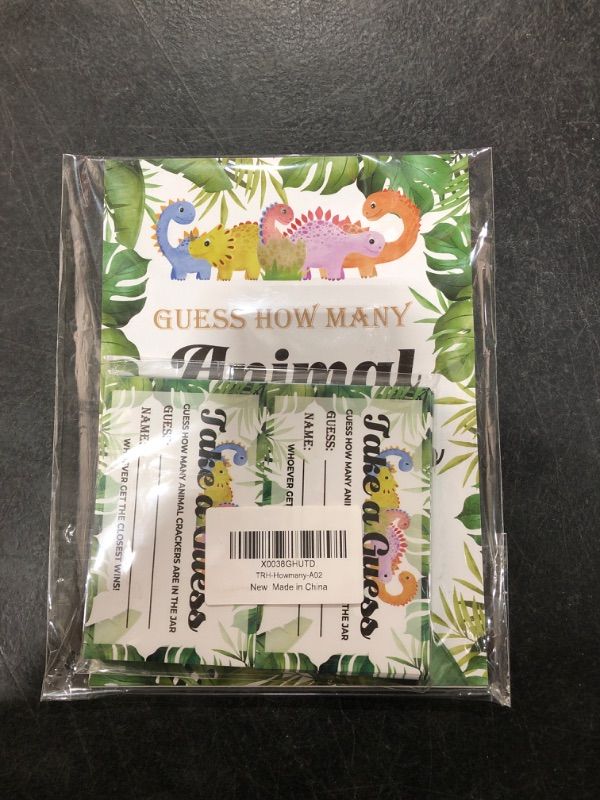 Photo 1 of Baby Shower Game Set, Dinosaur Theme Guess How Many Animal Crackers for Baby Shower, Safari Jungle Theme Baby Shower Party Favor Decor(1 Standing Sign + 50 Guessing Cards) - A02