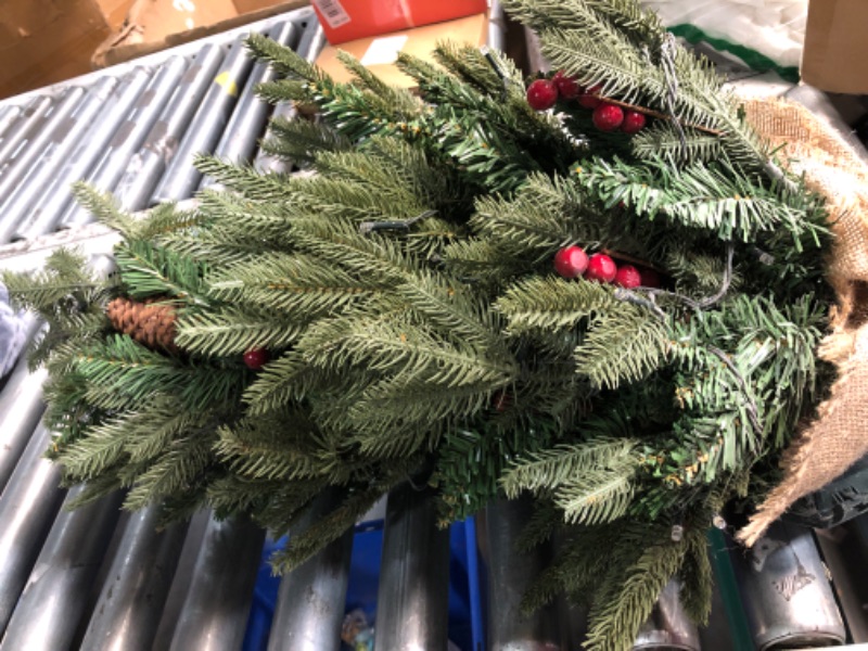 Photo 3 of 3ft Pre- Mini Christmas Tree,Artificial Xmas Tree with 185 PE & PVC Mixed Branch Tips & 12 Red Berries & 10 Pinecone & 70 LED String Lights & Burlap Wrapped Base for Tabletop Desk,Battery Operated