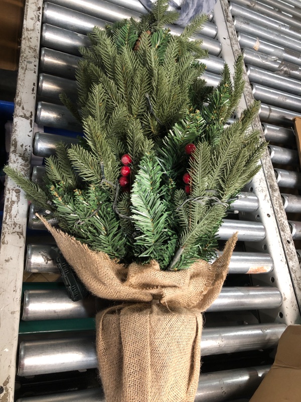 Photo 2 of 3ft Pre- Mini Christmas Tree,Artificial Xmas Tree with 185 PE & PVC Mixed Branch Tips & 12 Red Berries & 10 Pinecone & 70 LED String Lights & Burlap Wrapped Base for Tabletop Desk,Battery Operated