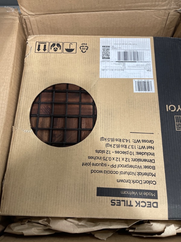 Photo 1 of 10 Pcs Interlocking Deck Tiles 12" x 12", Patio Flooring Outdoor Waterproof, Acacia Wood Tiles All Weather, Floor Tiles for Balcony, Backyard, Indoor and Outdoor use… (Dark Brown)