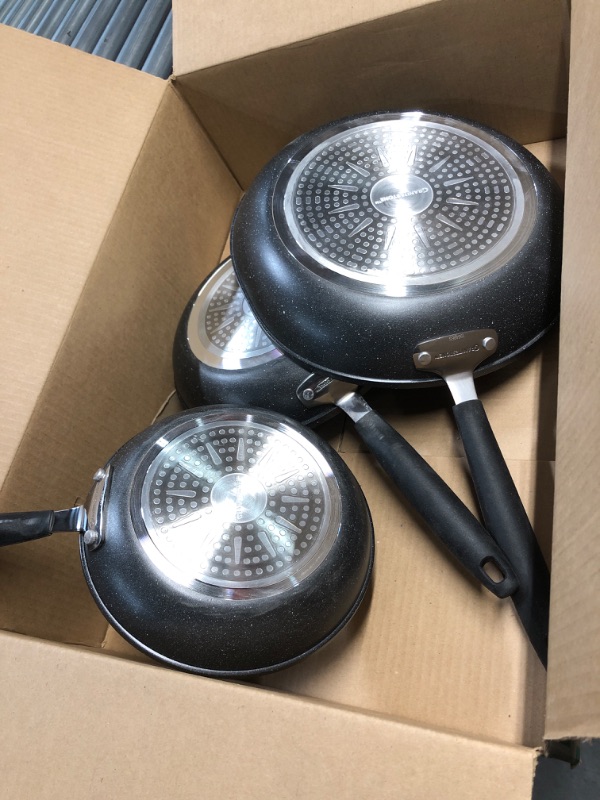 Photo 4 of ***(PARTS ONLY/ HEAVILY USED/ NO RETURNS OR REFUNDS) ***
Granitestone 3 Piece Nonstick Frying Pan Set, 8”, 10” & 12” Nonstick Mineral and Diamond Triple Coated Frying Pans, Nonstick Skillet Set, Omelet Pan, PFOA Free, Dishwasher Safe, Cool Touch Handle