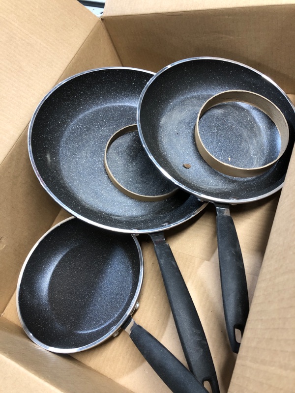 Photo 3 of ***(PARTS ONLY/ HEAVILY USED/ NO RETURNS OR REFUNDS) ***
Granitestone 3 Piece Nonstick Frying Pan Set, 8”, 10” & 12” Nonstick Mineral and Diamond Triple Coated Frying Pans, Nonstick Skillet Set, Omelet Pan, PFOA Free, Dishwasher Safe, Cool Touch Handle