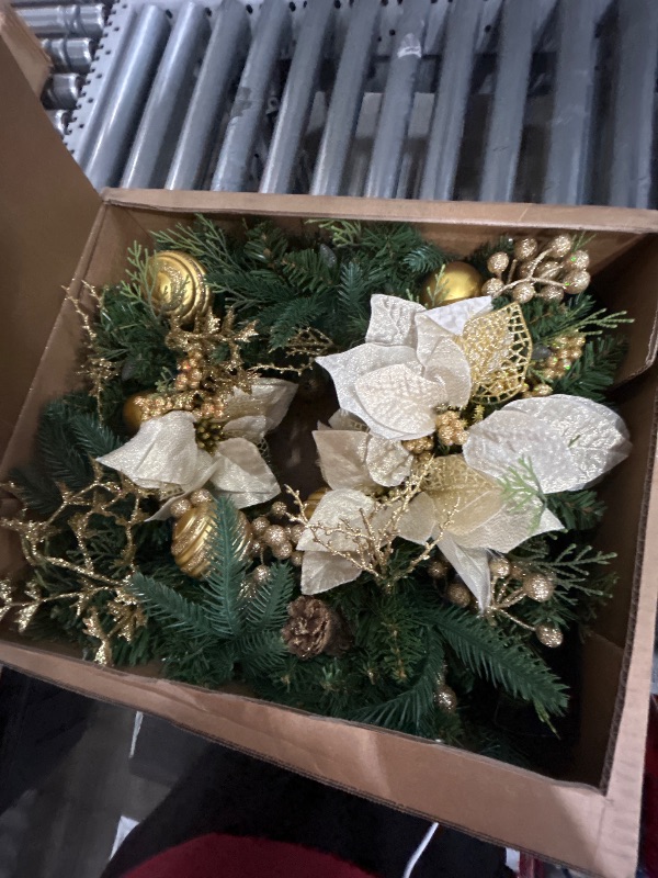 Photo 1 of AMERZEST Pre-lit Christmas Wreath with Pine Cones Gold Balls,Gold Berries and Gold Flowers,24 Inch 50 Battery Operated LED Lights,Holiday Decoration for Front Door Outdoor