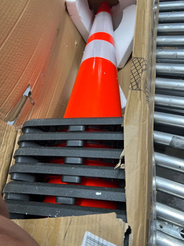 Photo 2 of (8 Cones) BESEA 28” inch Orange PVC Traffic Cones, Black Base Construction Safety Cones Road Parking Cone Structurally Stable Wearproof (28" Height)