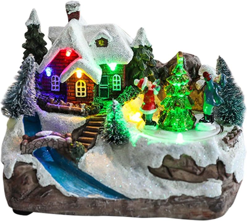 Photo 1 of *NEEDS BATTERIES**Christmas Village Houses with Rotating Xmas Tree,Christmas Village with Colorful Lights Music,Christmas Mini House Decor,House for Xmas Lighted Ornaments with Figurines & Christmas Tree (Style B)
