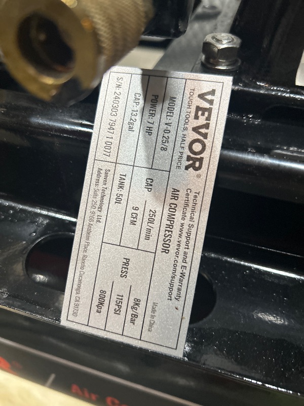 Photo 3 of *** NEEDS CLEANING COVERED IN OIL , NEED TRUCK TO PICK UP **** Vevor Air compressor power 7HP model V 0.25/8 13.2 gallon. Size 890x425x820 cm 