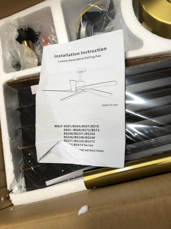 Photo 5 of ***USED - MISSING REMOTE - OTHER PARTS LIKELY MISSING AS WELL - UNABLE TO TEST***
WINGBO 54 Inch DC Ceiling Fan without Lights, 5 Reversible Carved Solid Wood Blades, 6-Speed Noiseless DC Motor, Ceiling Fan No Light with Remote, Brass Finish with Black Bl