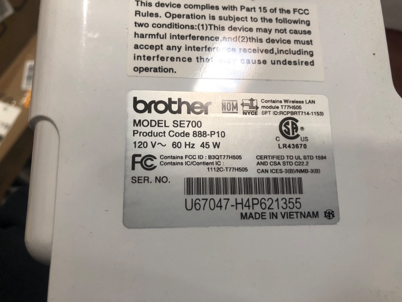 Photo 1 of Brother SE700 Sewing and Embroidery Machine, Wireless LAN Connected, 135 Built-in Designs, 103 Built-in Stitches, Computerized, 4" x 4" Hoop Area, 3.7" Touchscreen Display, 8 Included Feet, White