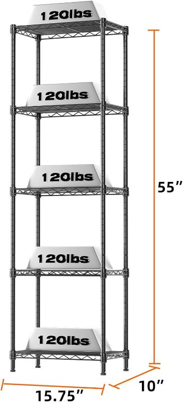 Photo 3 of **NON-REFUNDABLE** (PARTS) SINGAYE 5 Tier Shelf Wire Shelving Adjustable Storage Shelves Storage Rack,Standing Storage Shelf Units for Kitchen Closet Laundry Bathroom Pantry,Narrow Mesh Gaps,16”W x 10”D x 55”H,Black