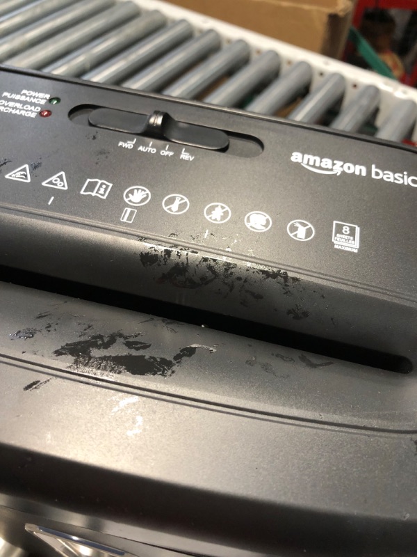 Photo 4 of ***USED - COVERED IN STICKY SUBSTANCE - POWERS ON - UNABLE TO TEST FURTHER***
Amazon Basics 8-Sheet Cross Cut Paper Shredder and Credit Card Shredder - Black