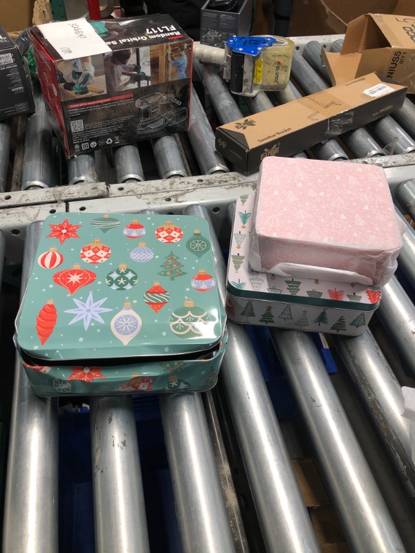 Photo 3 of **LARGEST TIN IS DAMAGED/ BENT/DENTED**
Steel Mill & Co Tin Containers with Lids, 3 Pack Christmas Cookie Tins, Festive Cookie Tins for Gift Giving & Holiday Treats, Square Metal Nesting Containers, Ornaments and Trees