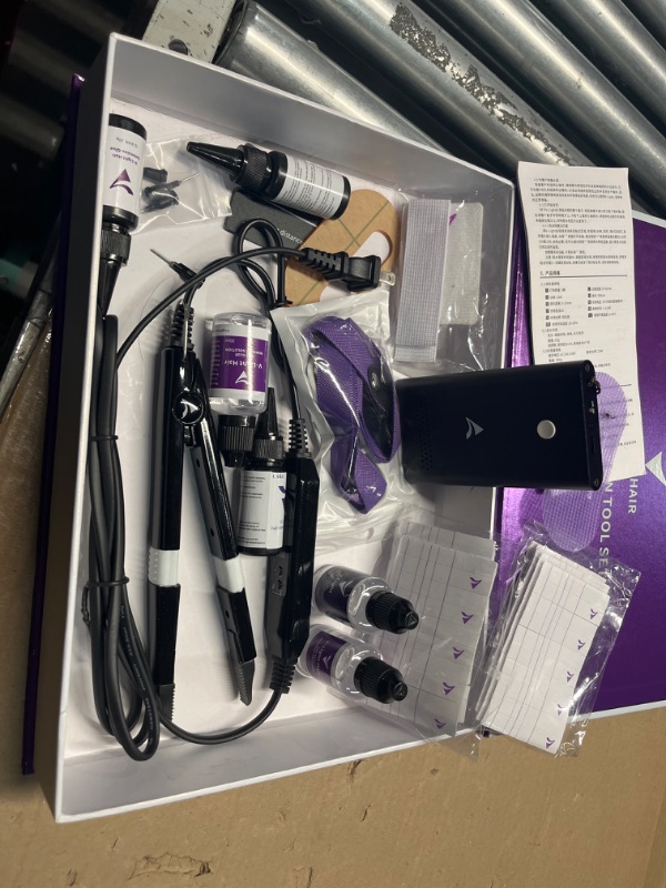 Photo 1 of V Light Hair Extension kit, V Light Extensions Machine tool set, V-Light Hair Removal Machine*1, V Light hair Glue 3pcs, Hair Remover 3pcs, v light hair extensions comb*2, hair extension cilps*2.