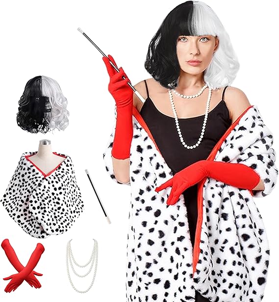 Photo 1 of 6 Pack Halloween Costume Women with Dalmatian Shawl Scarf, Black and White Wig, Red Gloves, Necklace Accessories Fancy Dress Costume