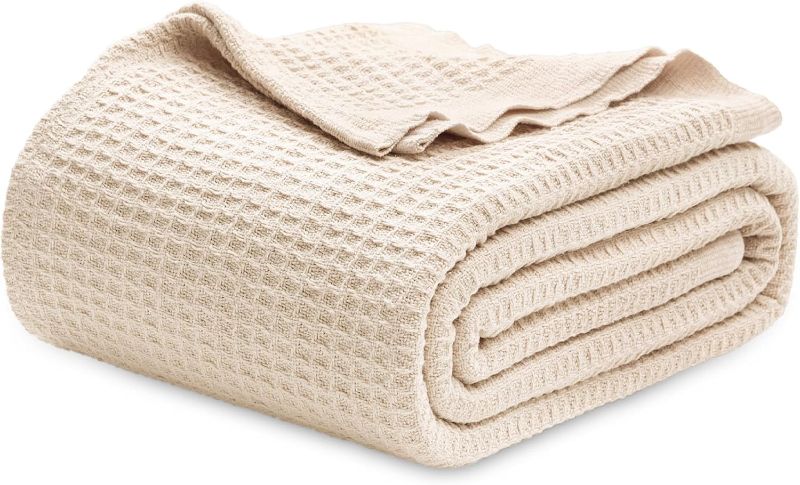 Photo 1 of (BAGGED) Bedsure 100% Cotton Blanket for Bed - Waffle Weave Fall Blanket, Lightweight and Breathable Soft Woven Blanket for Summer, Beige, 104x90 inches
