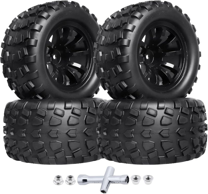 Photo 1 of **MISSING 2 WHEELS, ONLY 2**
HobbyPark PreGlued Mounted 12mm Hex Hubs RC Truck Tires and Wheels 2.8 Tires with Foam Inserts for Traxxas Rustler Stampede Hoss 4x4 Redcat RC Monster Truck Set of 4 (128x67mm(HxW))