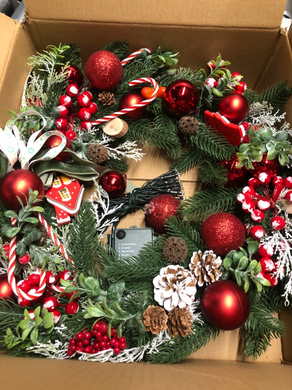 Photo 2 of **DAMAGED, SOME ORNAMENTS NEED TO BE REATTACHED**
Christmas Wreath Decorations - 20" Christmas Wreaths for Front Door with Candy Canes Christmas Ball Ornaments, Lifelike Pine Cones Berries & Bow, Christmas Door Wreath for Indoor Outdoor Wall Decor