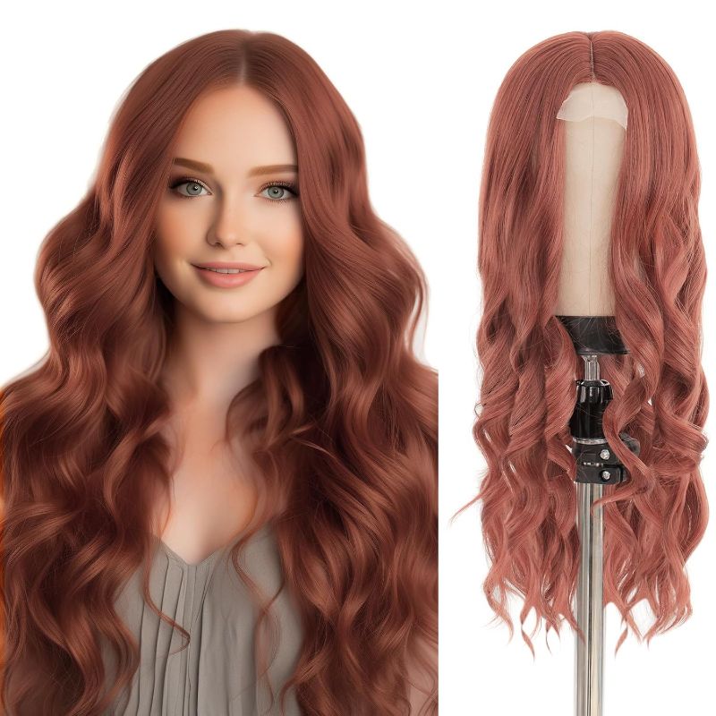 Photo 1 of Long Auburn Wigs for Women: Middle Part Wavy Wig - Heat Resistant Fiber Synthetic Wig For Party Event Cosplay Daily Use 26IN (Auburn)