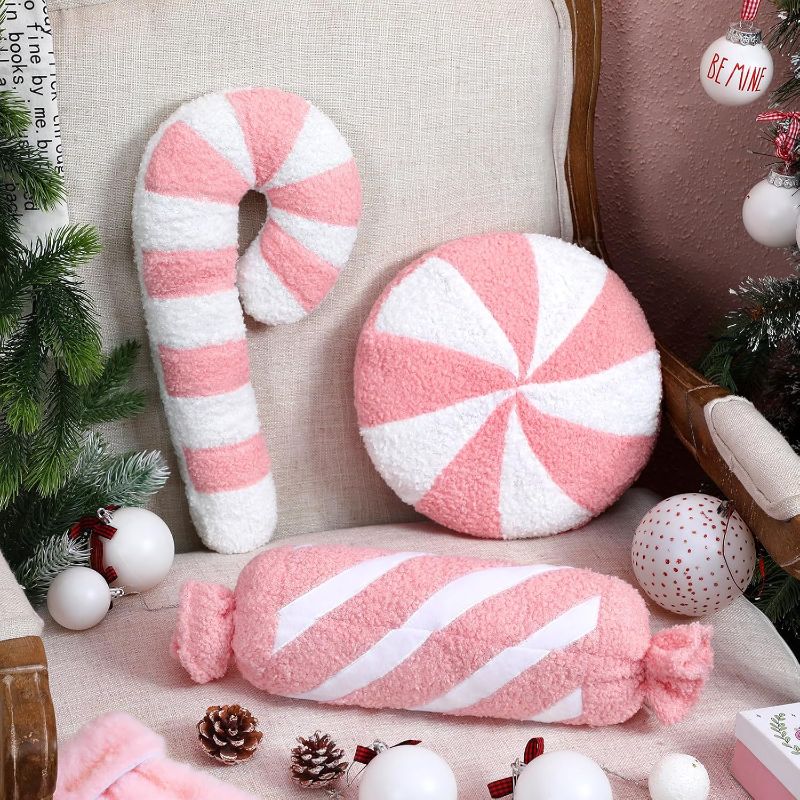 Photo 1 of Anglechic 3 Pcs Christmas Pillows Decorative Throw Pillows Candy Merry Christmas Tree Stuffed Wool Pillows Soft Xmas Plush Cushion for Sofa Couch Bedroom Living Room(Pink Color)