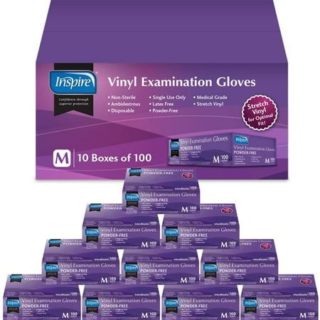 Photo 1 of 
Inspire Stretch Vinyl Exam Gloves the ORIGINAL Quality Vinyl Gloves Disposable Latex Free Medical Gloves Cleaning Gloves 10 Packs of 100 Medium