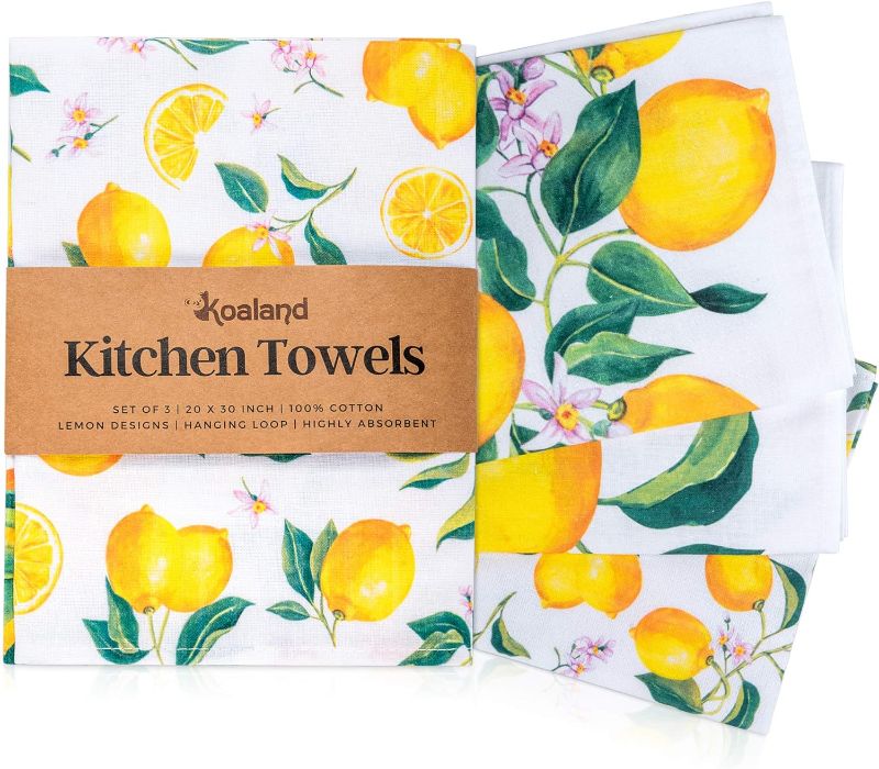 Photo 1 of Flour Sack Towels, Set of 3 Oversized Tea Towels for Kitchen with Printed Lemon Designs, 100-percent Cotton, Cute Kitchen Towel Set, Lemon Kitchen Decor, Decorative Dish Towels