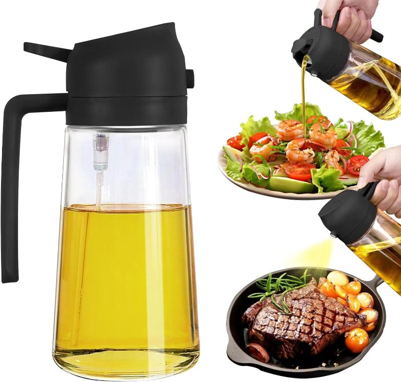 Photo 1 of 2 in 1 Oil Dispenser and Oil Sprayer, 470ml Oil Dispenser Bottle Spray and Pour, Glass Olive Oil Sprayer for Cooking, Food-Grade Oil Spray Bottle Mister Spritzer for BBQ, Air Fryer, Kitchen (Black)
