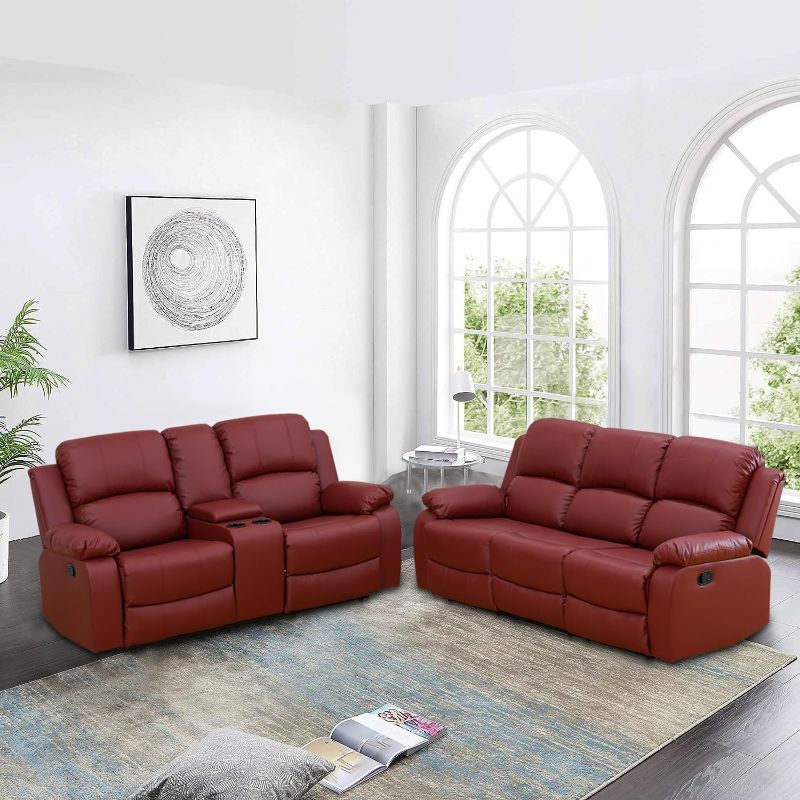 Photo 1 of  ((((Photo for reference)) )Bonded Leather Sofa Set Living Room Furniture, Reclining Sofa Set Leather Recliner Couch with Cup Holder/Storage Console for Living Room (Loveseat and Sofa, Red)