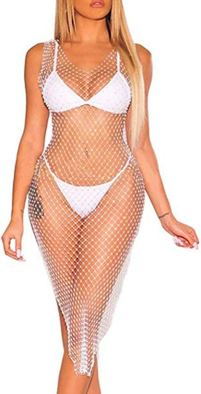 Photo 1 of ***SIZE M*** See Through Mesh Rhinestone Hollow Out Split Bikini Swimsuits Sleeveless Fishnet Cover Up Beach Dress for Women and Girls