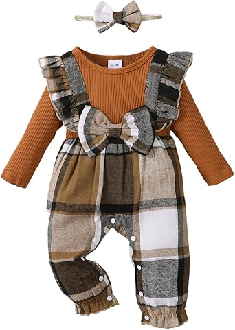 Photo 1 of **$14.99** Newborn Infant Baby Girl Clothes Fall Winter Plaid Long Sleeve Jumpsuit One Piece Romper Bodysuit Baby Overalls Outfits